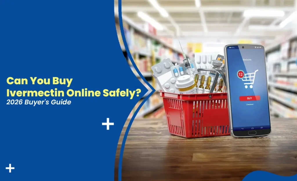 Buy ivermectin online safely concept showing mobile pharmacy app and medicine basket in a store aisle.