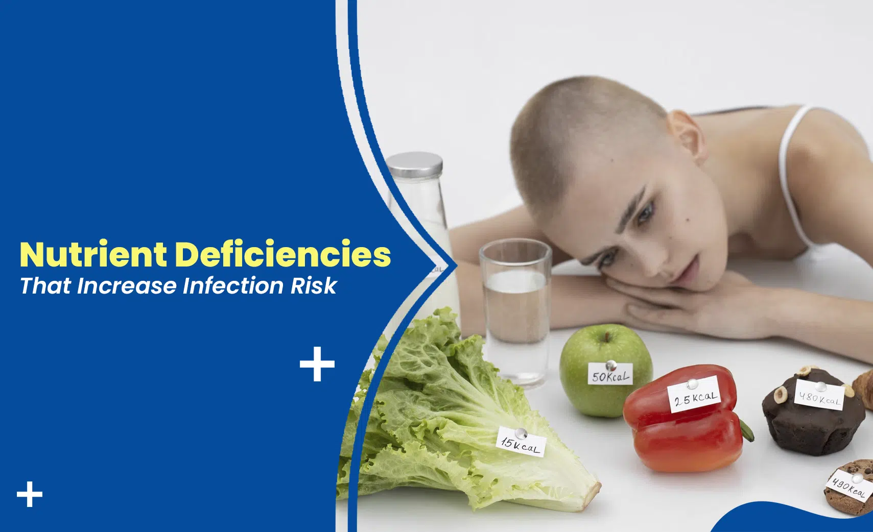 Nutrient deficiencies and infection risk concept showing woman with low-calorie foods and signs of malnutrition