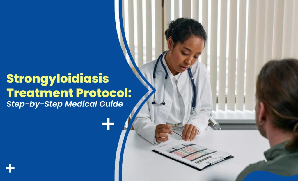 Strongyloidiasis treatment protocol explained by doctor during patient consultation in medical setting
