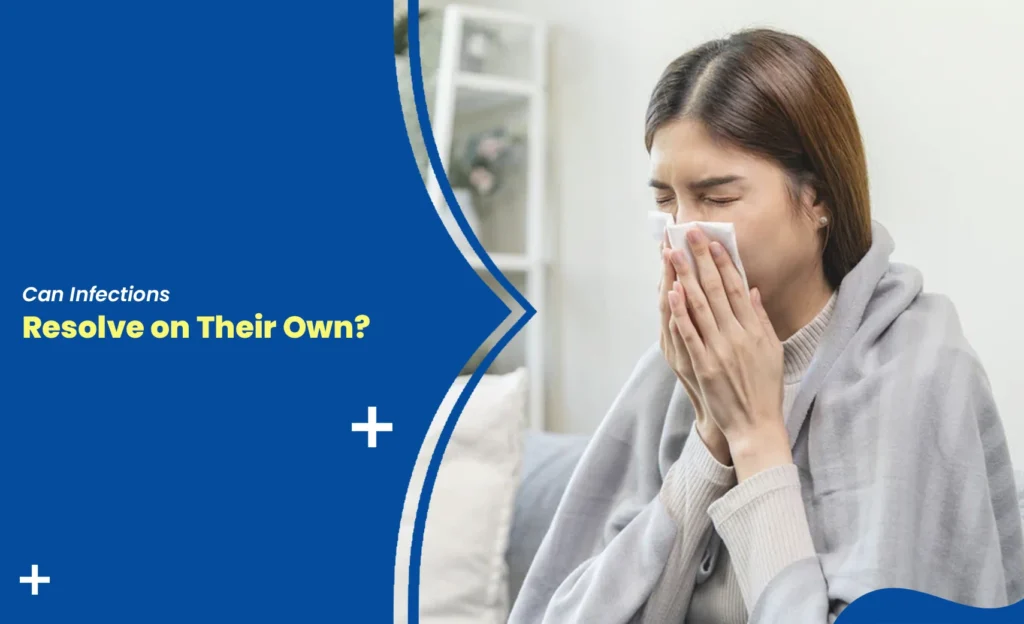 Woman sneezing into tissue with infection awareness text