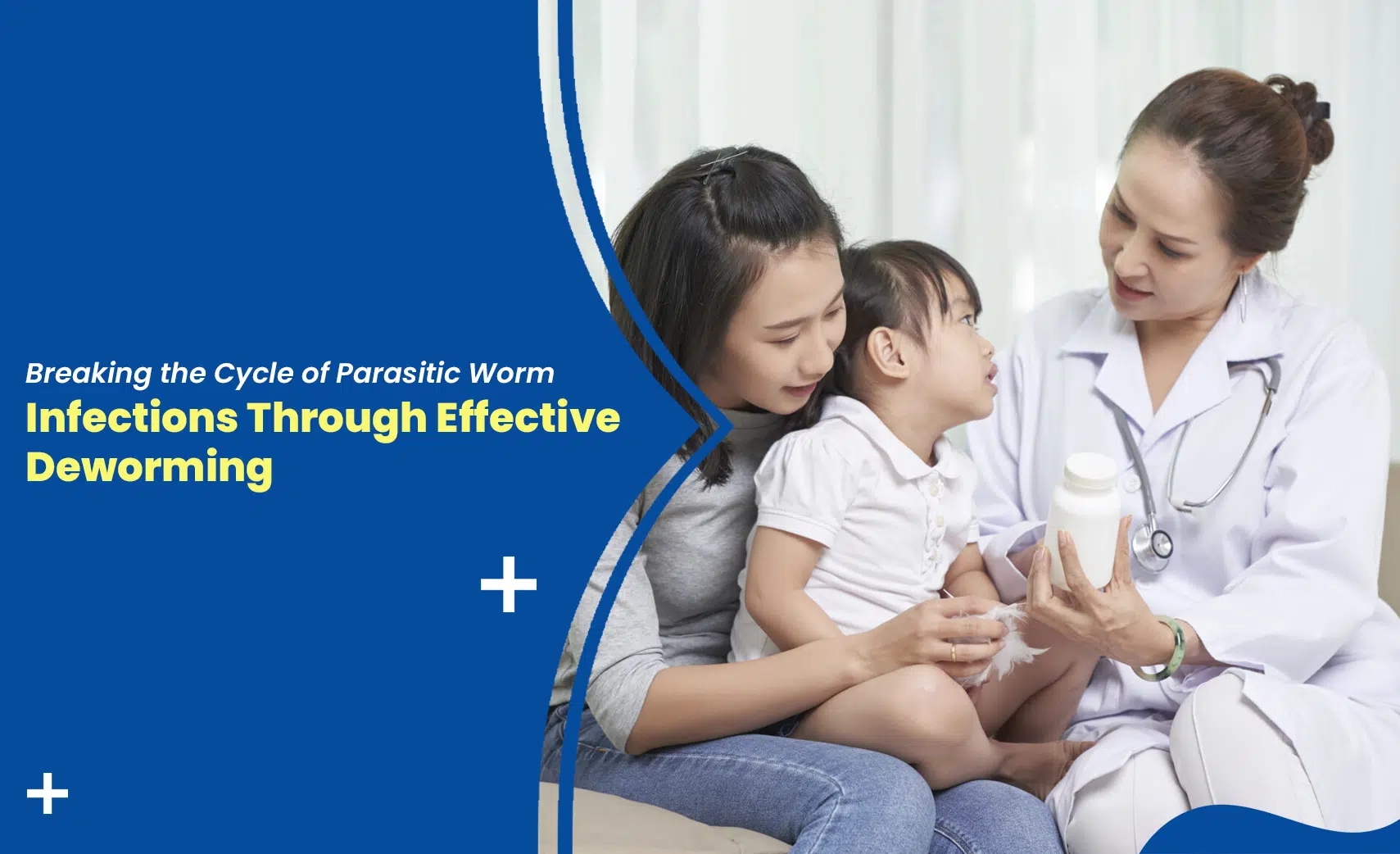 Doctor explaining deworming treatment to a mother and child to prevent parasitic worm infections.