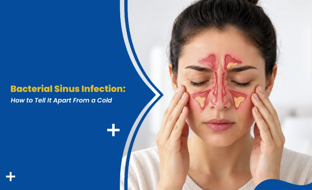 Sinus Infection symptoms illustrated on a woman experiencing facial pressure and sinus congestion.