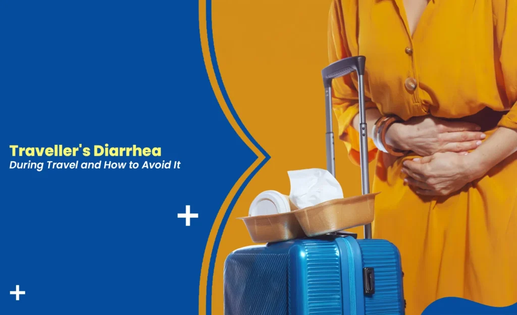 Traveller’s diarrhea concept: traveler in an orange dress clutching her stomach beside a suitcase with takeout food